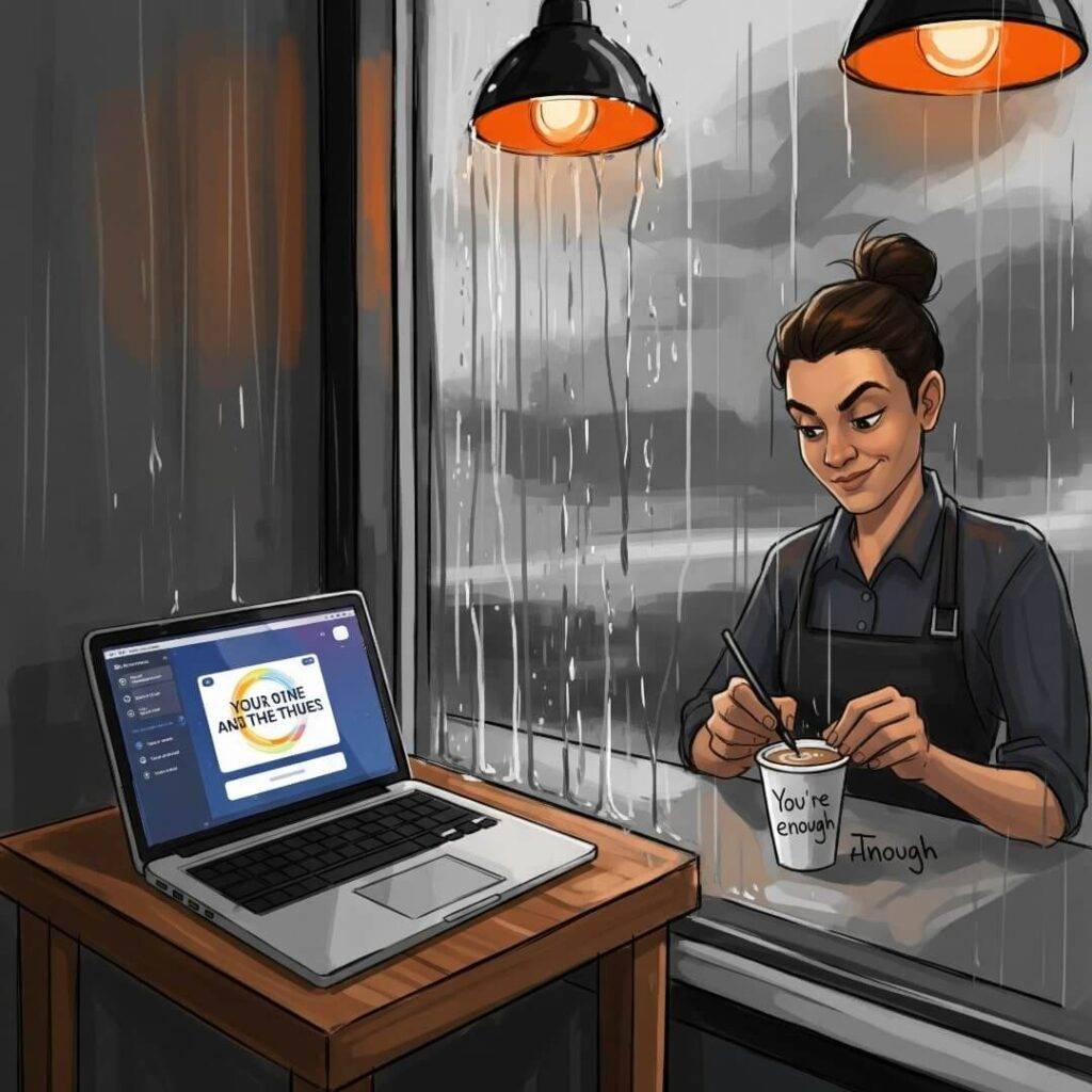 An impressionistic digital painting of a coffee shop corner in Seattle, with a laptop