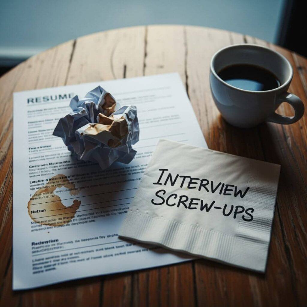 Crumpled resume and napkin with coffee stains.