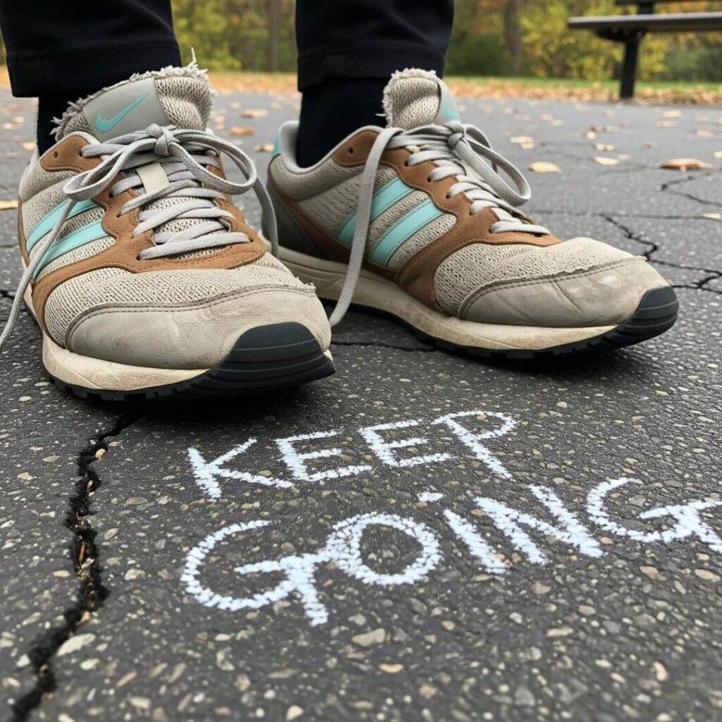 Scuffed sneakers on pavement with "Keep Going" chalk drawing.