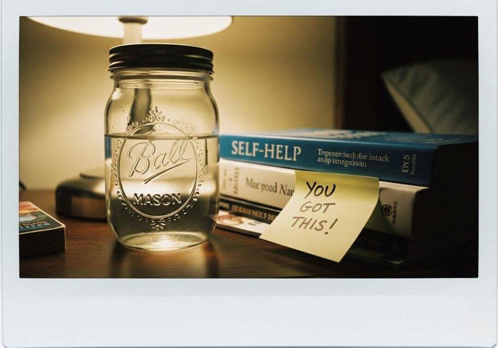 A Polaroid-style photo of a nightstand with a mason jar, a book, and a sticky note.