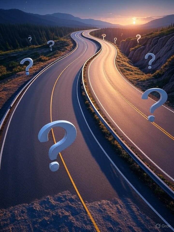 Twisting road from shadows to light, question marks.
