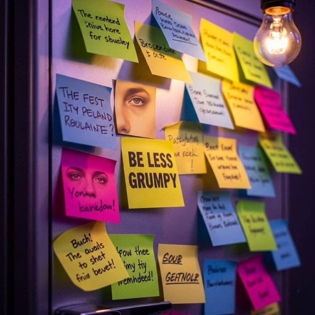 A close-up image of a fridge door covered in sticky notes.
