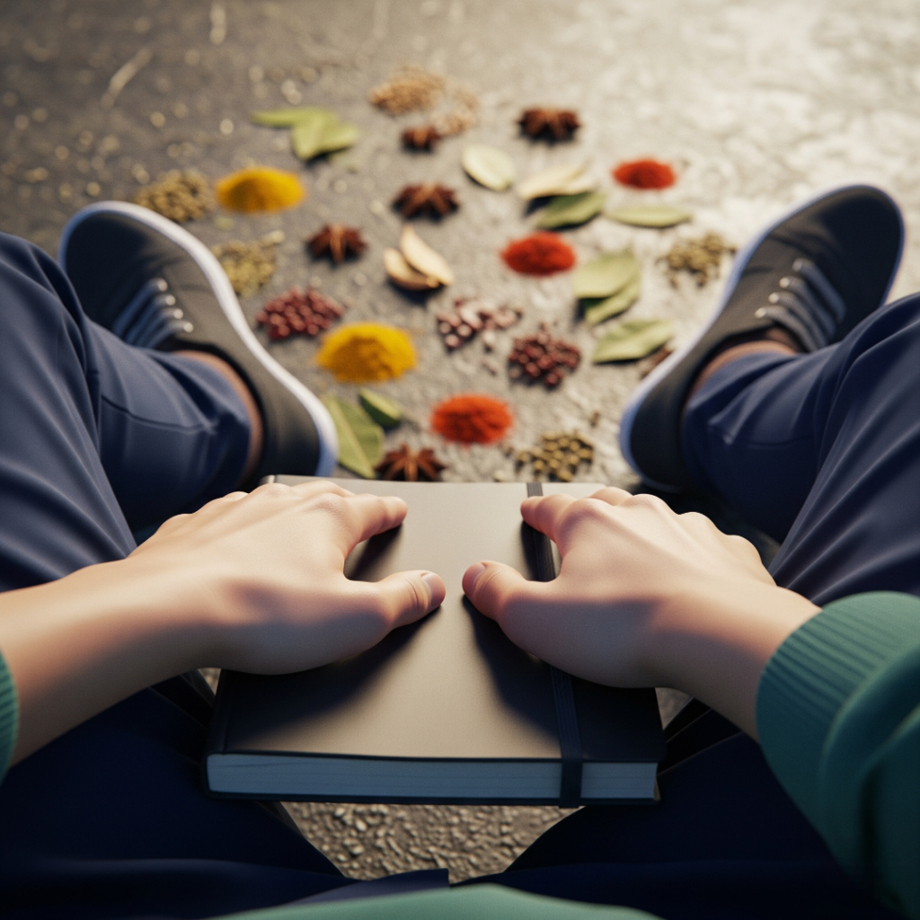 Low-angle, notebook, scattered spices, Indian streets.