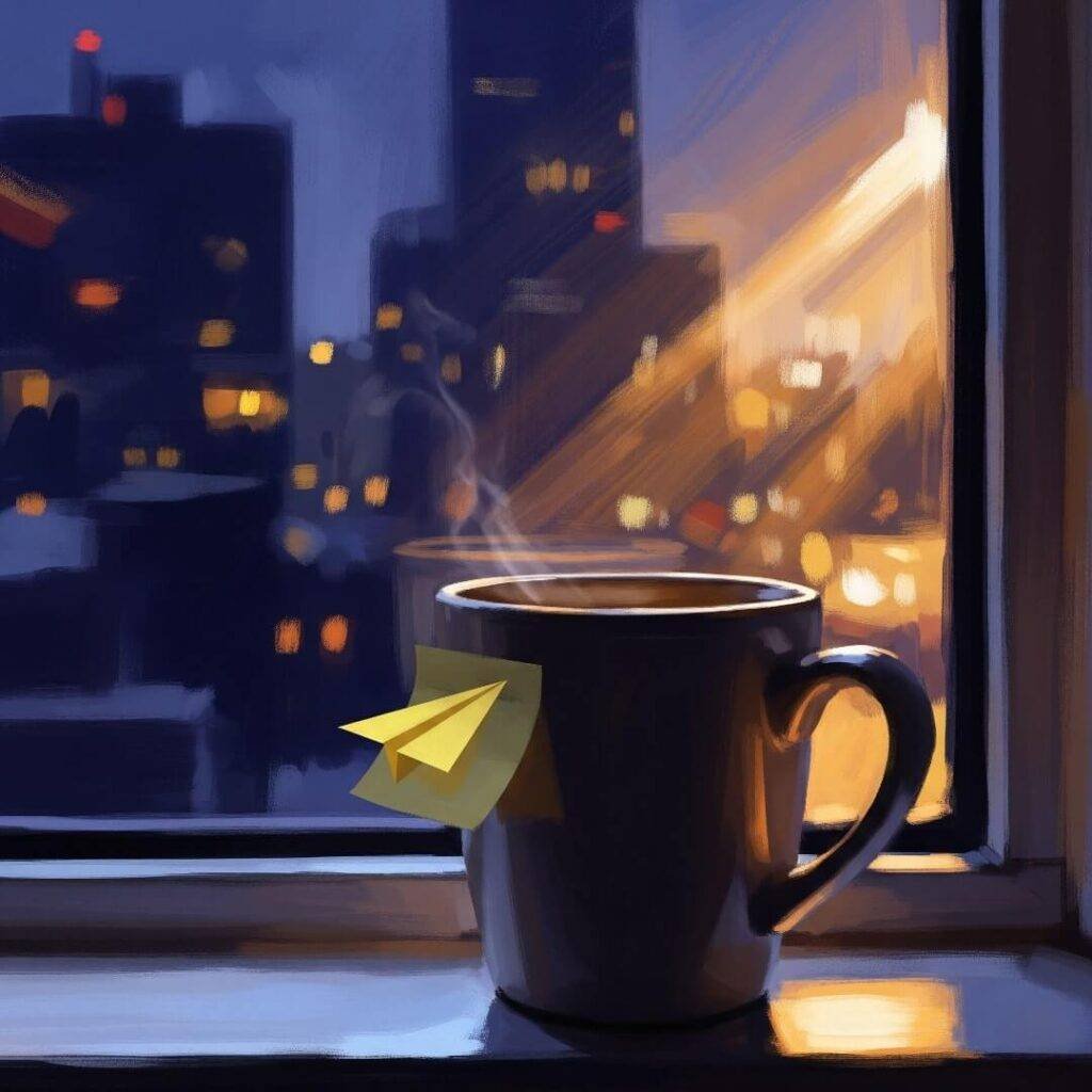 Impressionistic painting: coffee mug, paper airplane sticky note