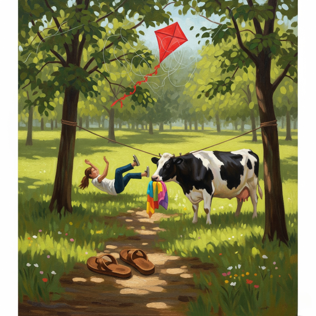 Person tripping in a park with a cow.