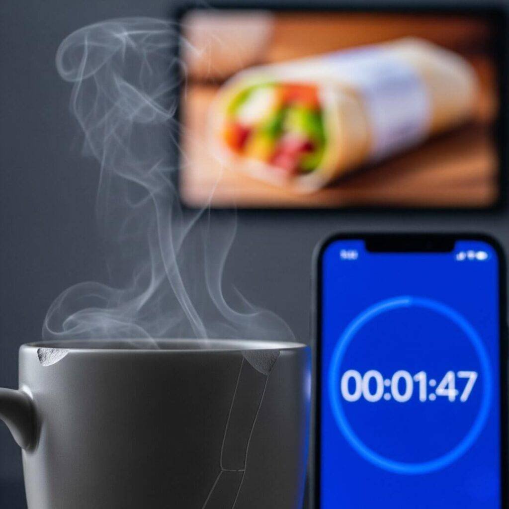Chipped mug with steam, a glowing phone timer