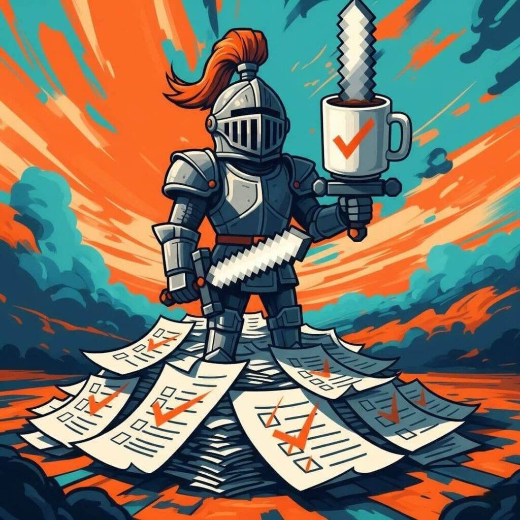 A digital painting of a pixelated knight with a coffee mug
