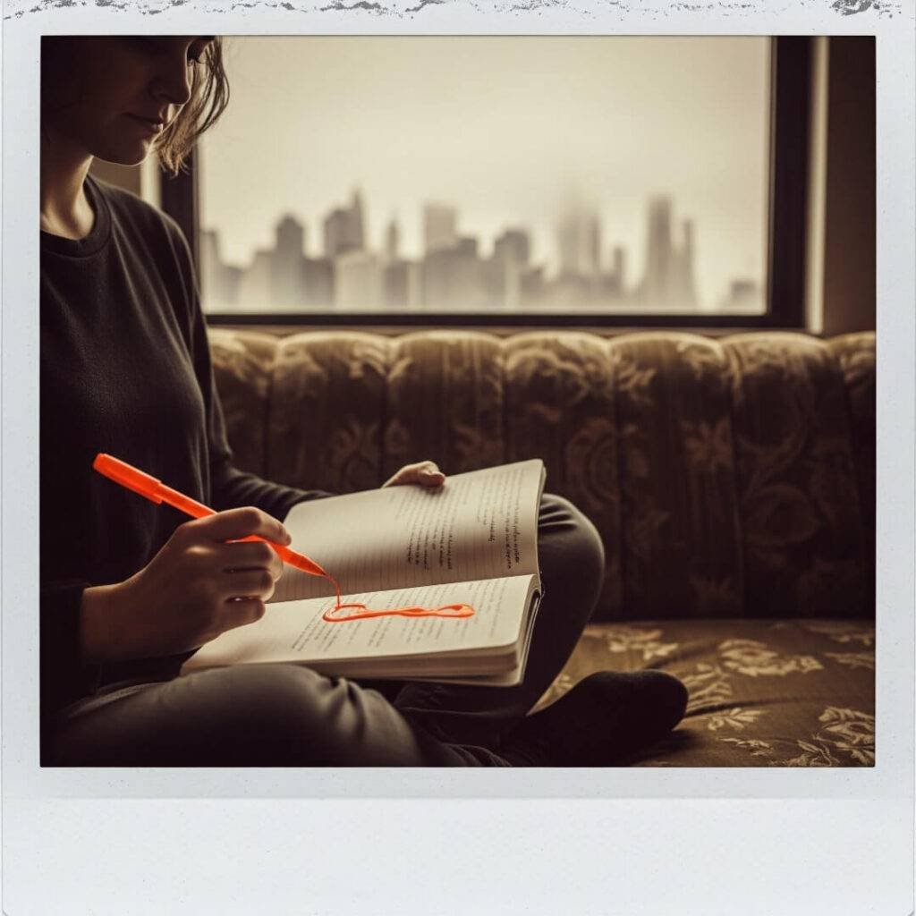 Woman journaling on couch, leaky pen.