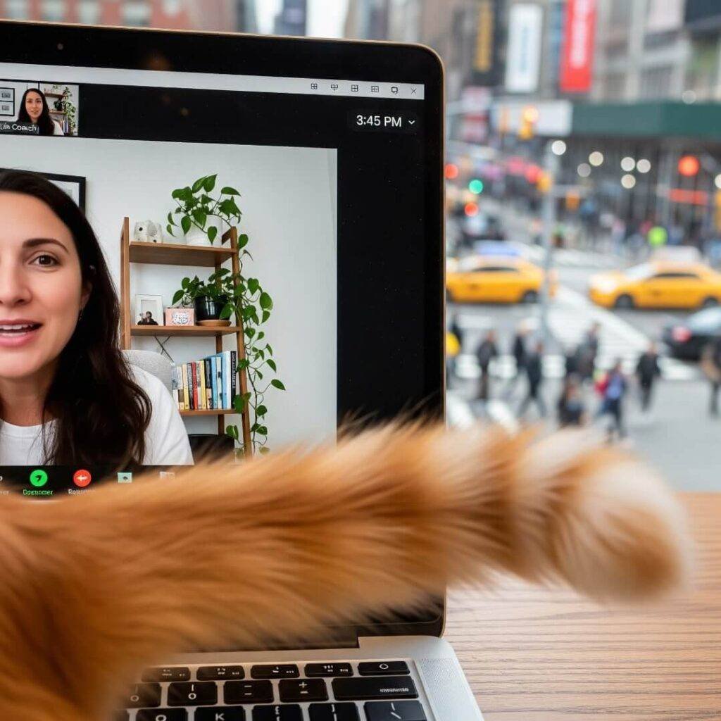 Laptop screen during Zoom call, cat tail, blurry NYC street.
