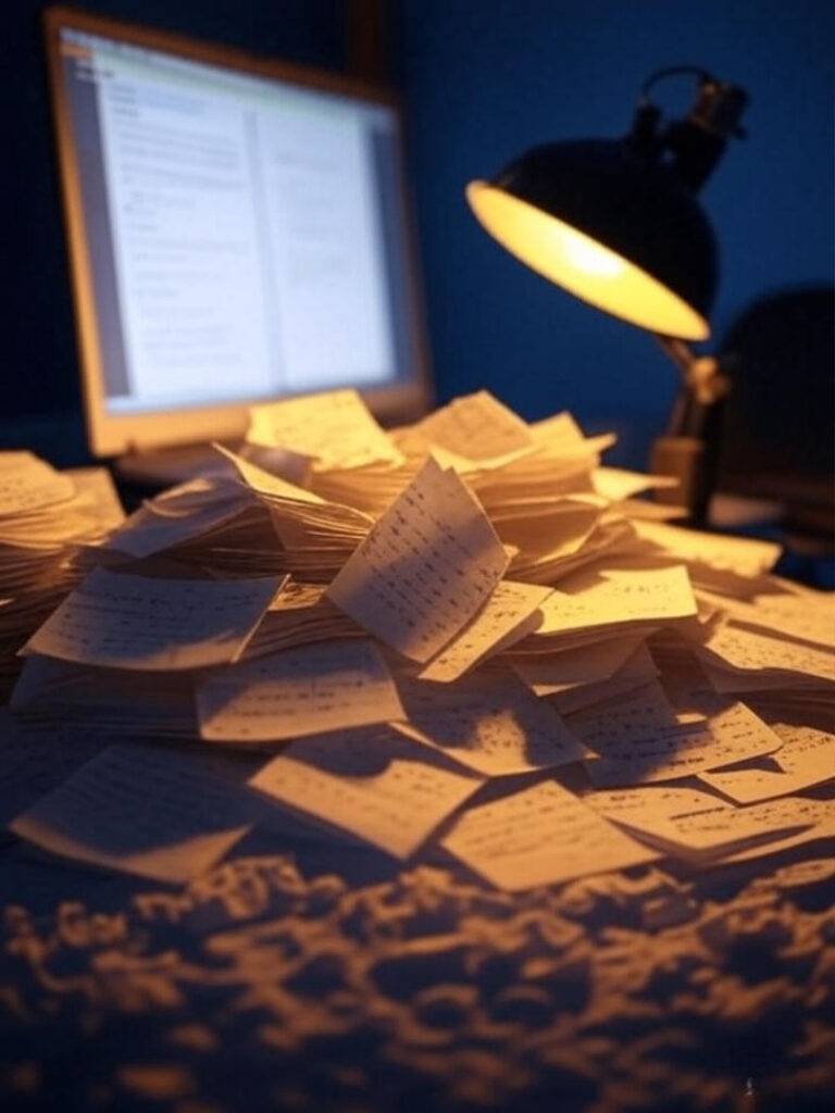 Blurry desk at 1 a.m. with crumpled Post-its.