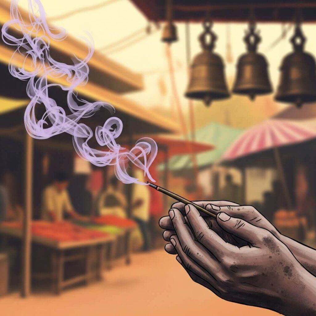 Hands holding an incense stick in a market.