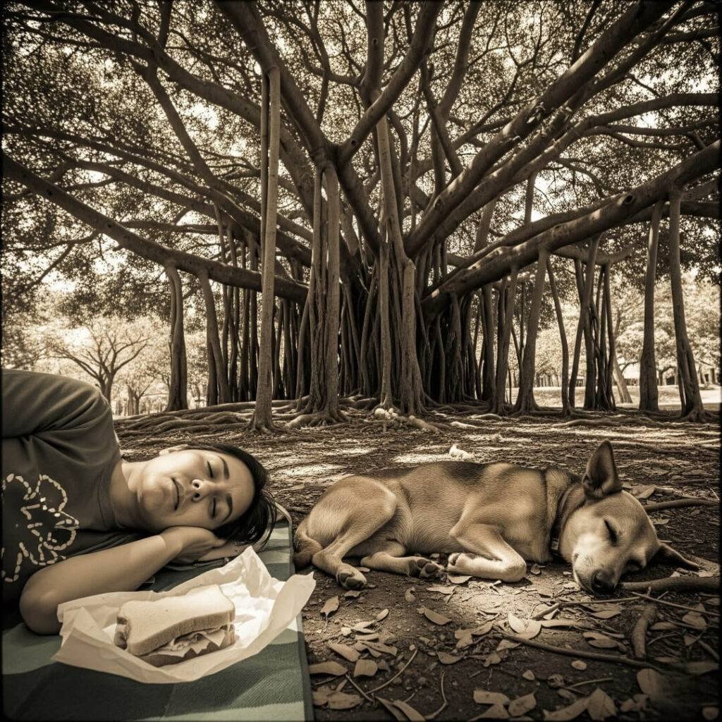 Person and dog nap under banyan tree.