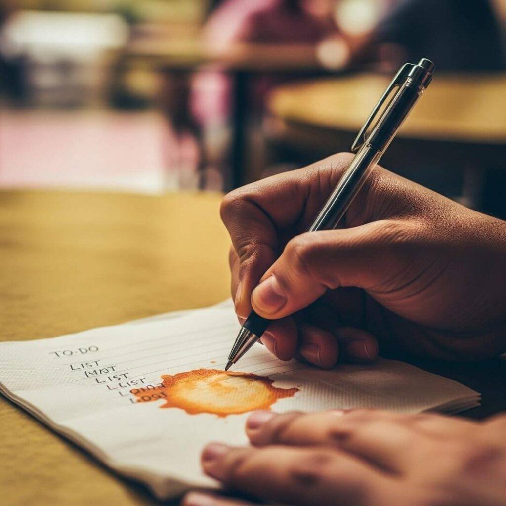 Shaky hands writing a to-do list on a stained napkin.