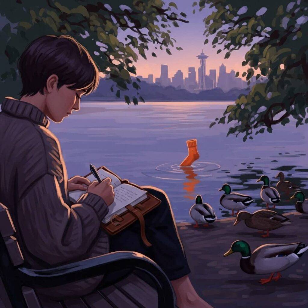 An impressionistic digital painting of a person journaling at Green Lake in Seattle