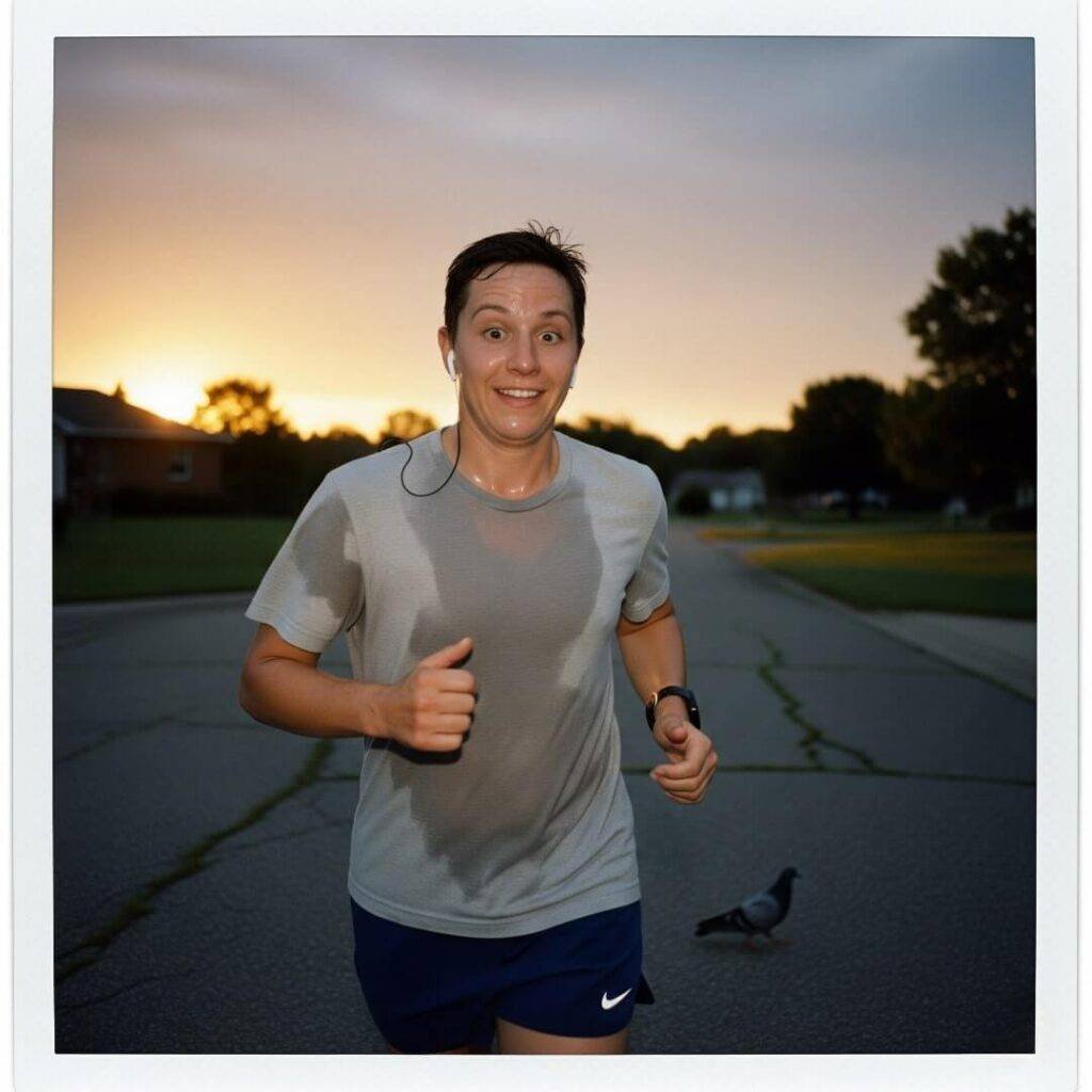 A person jogging in a suburb at dawn, with a dangling earbud