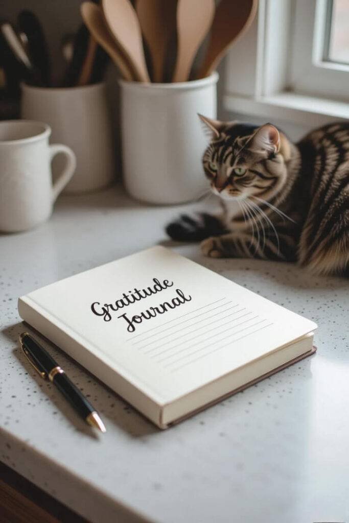 Faded gratitude journal on messy kitchen counter,