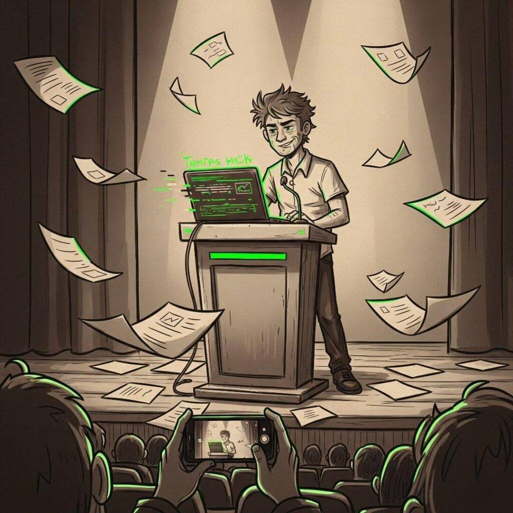 Chaotic startup pitch digital sketch.