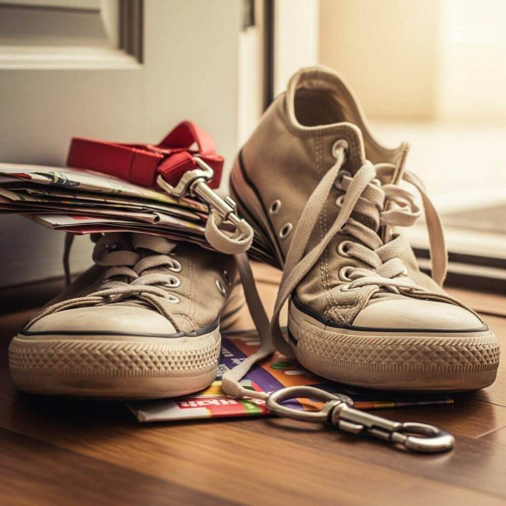 A close-up of a pair of well-worn sneakers next to a dog