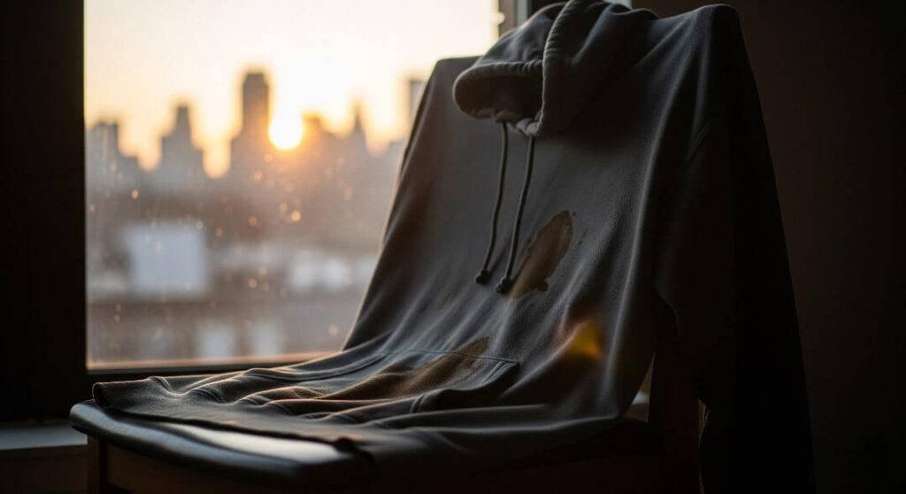 A cinematic shot of a coffee-stained hoodie on a chair.