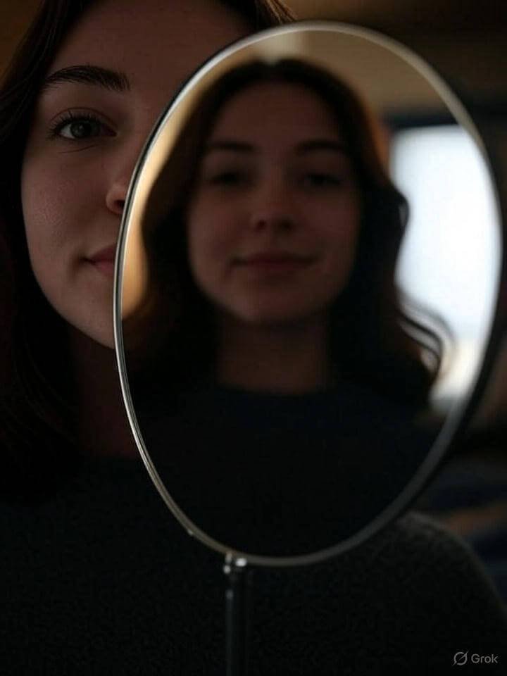 Distorted mirror reflecting past shadows, present confidence.