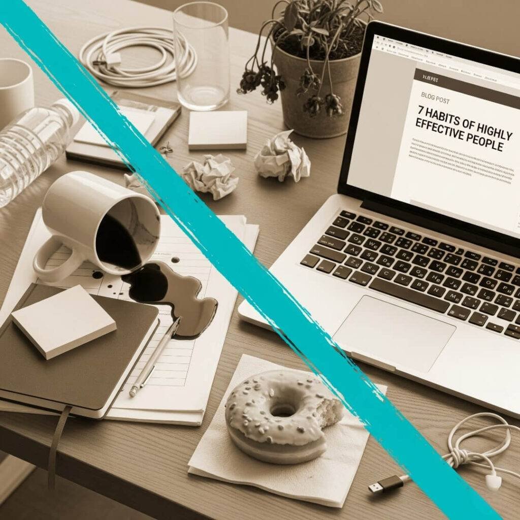 A chaotic desk with spilled coffee, a donut, and a laptop.