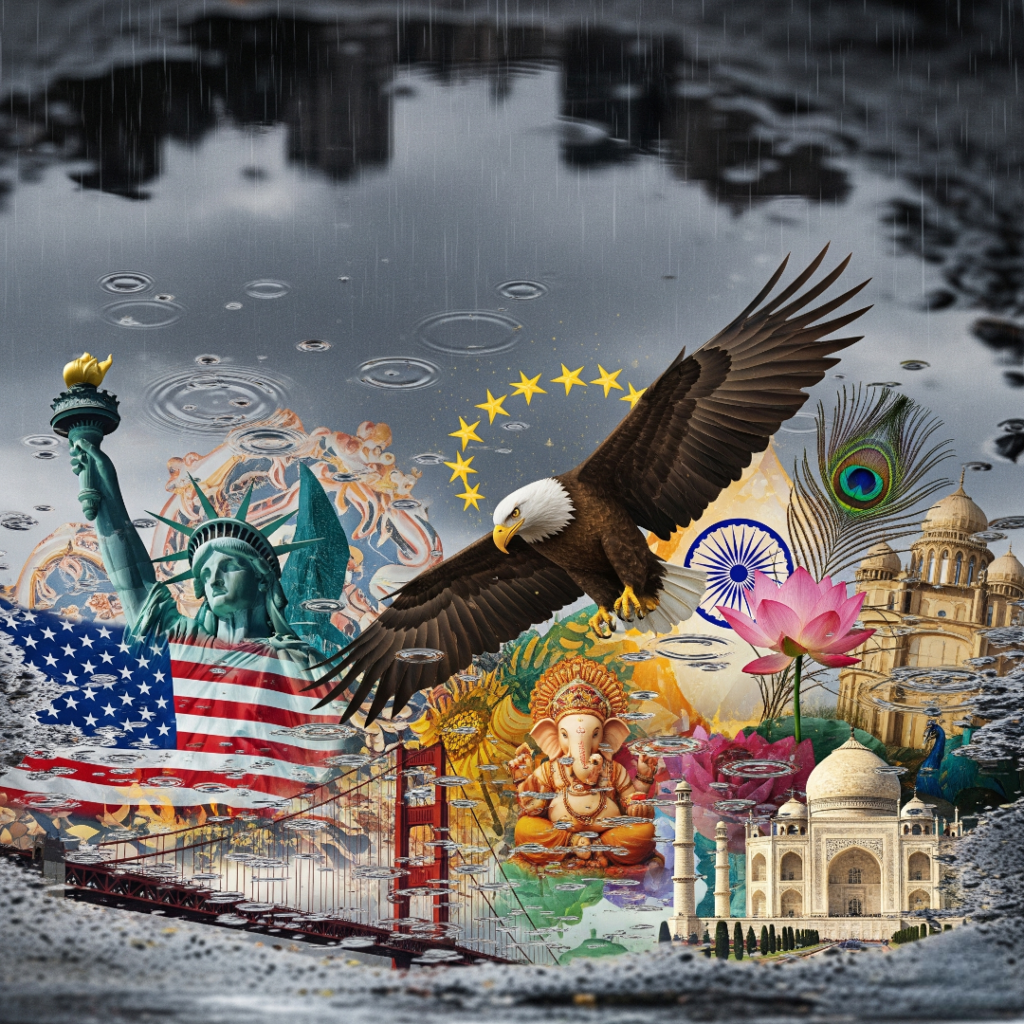 Puddle reflection, American, Indian symbols tangle.