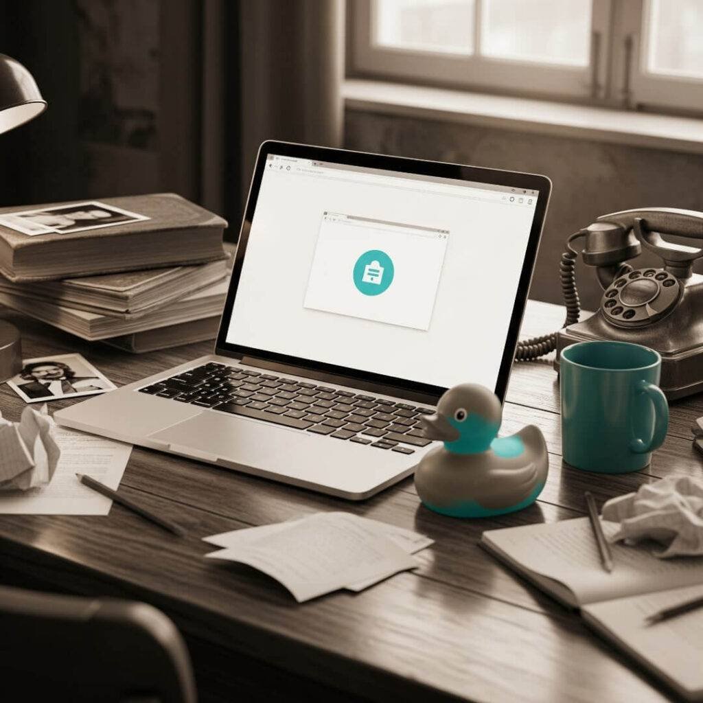 Vintage-inspired shot of a messy desk with a laptop, rubber duck