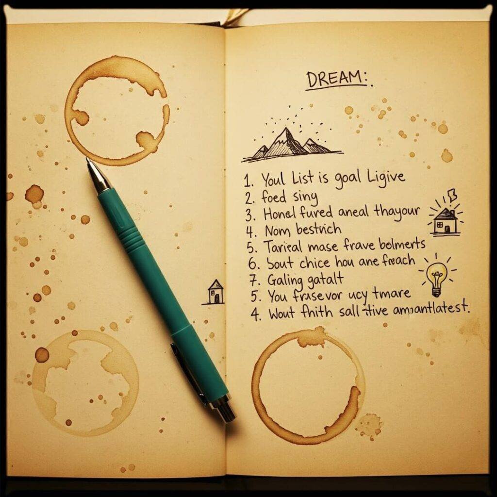 An open journal with coffee stains, a goal list sketch