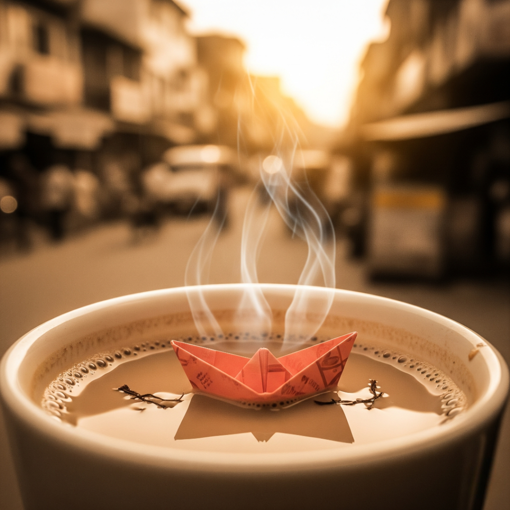 Close-up of chai cup with a paper boat.