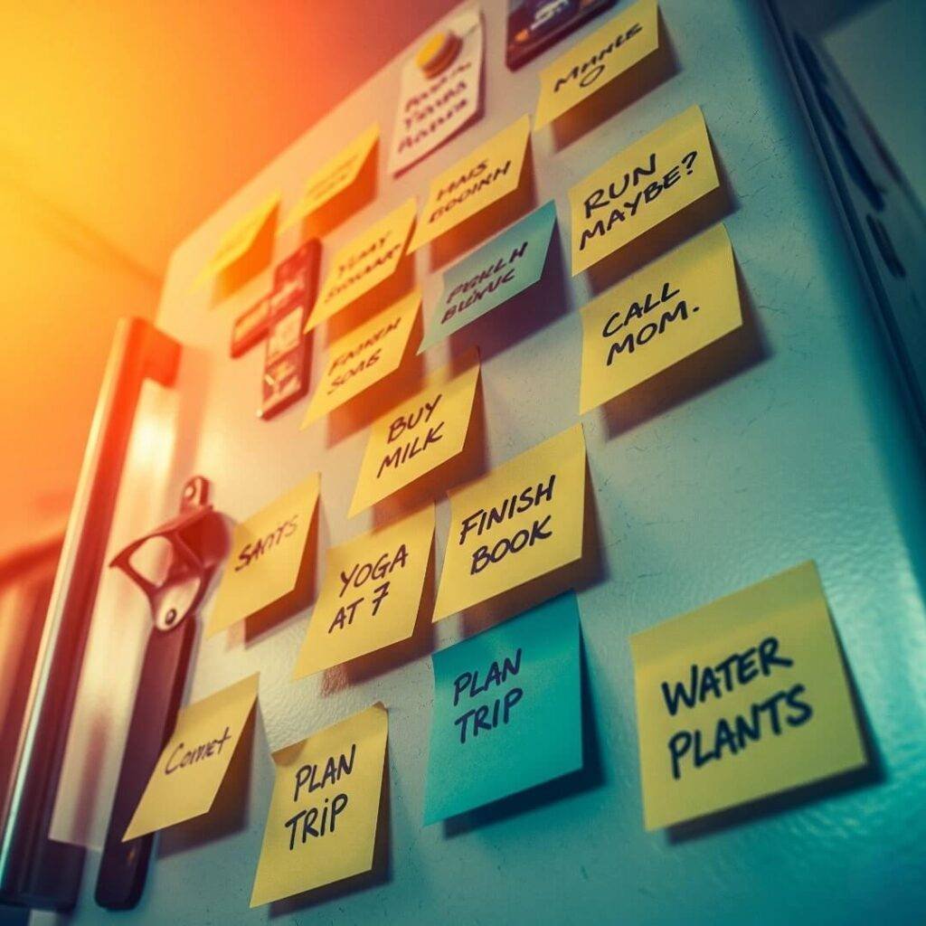A vintage-inspired photo of a fridge door covered in sticky notes with goals like