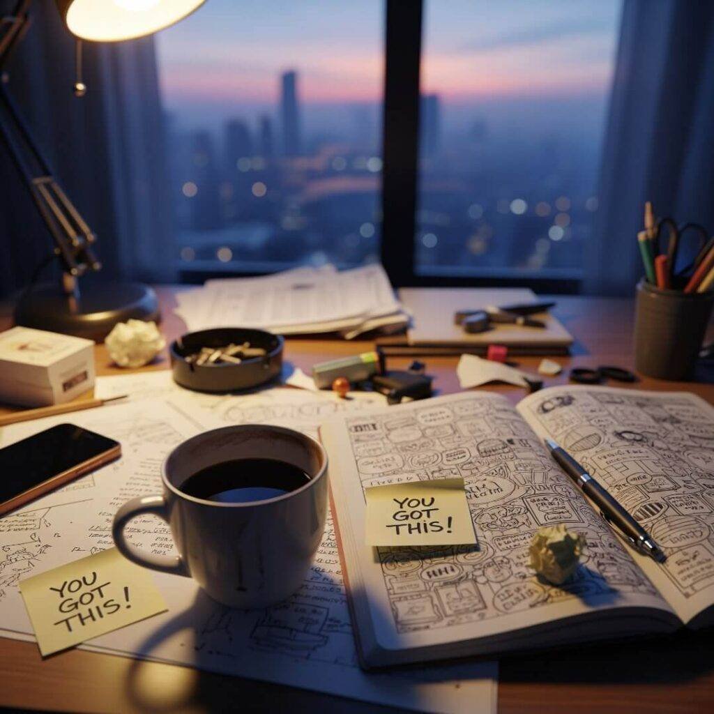 Messy desk, coffee, notebook, city twilight.