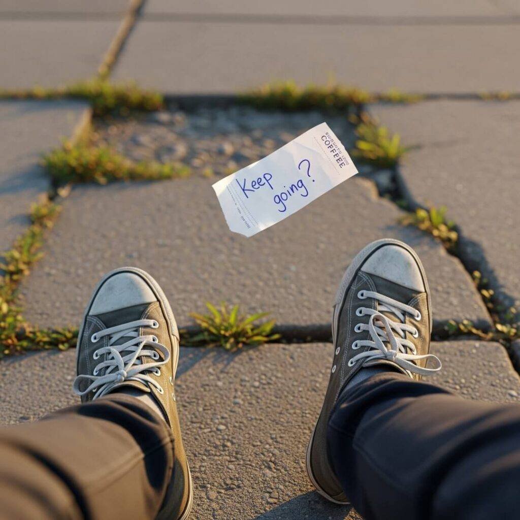 Scuffed sneakers on sidewalk, crumpled receipt with "Keep going?".