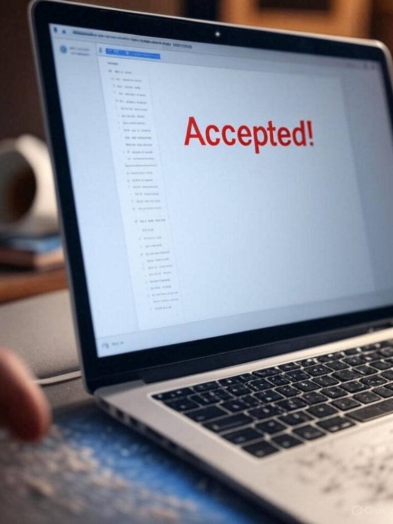 Laptop with "Accepted!" email, smudged screen, shaky hand.