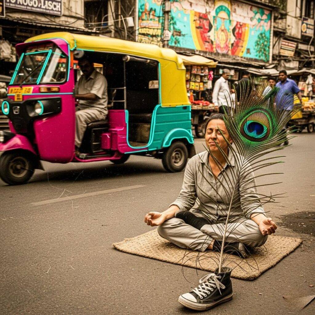 Woman meditating on a busy Mumbai street.