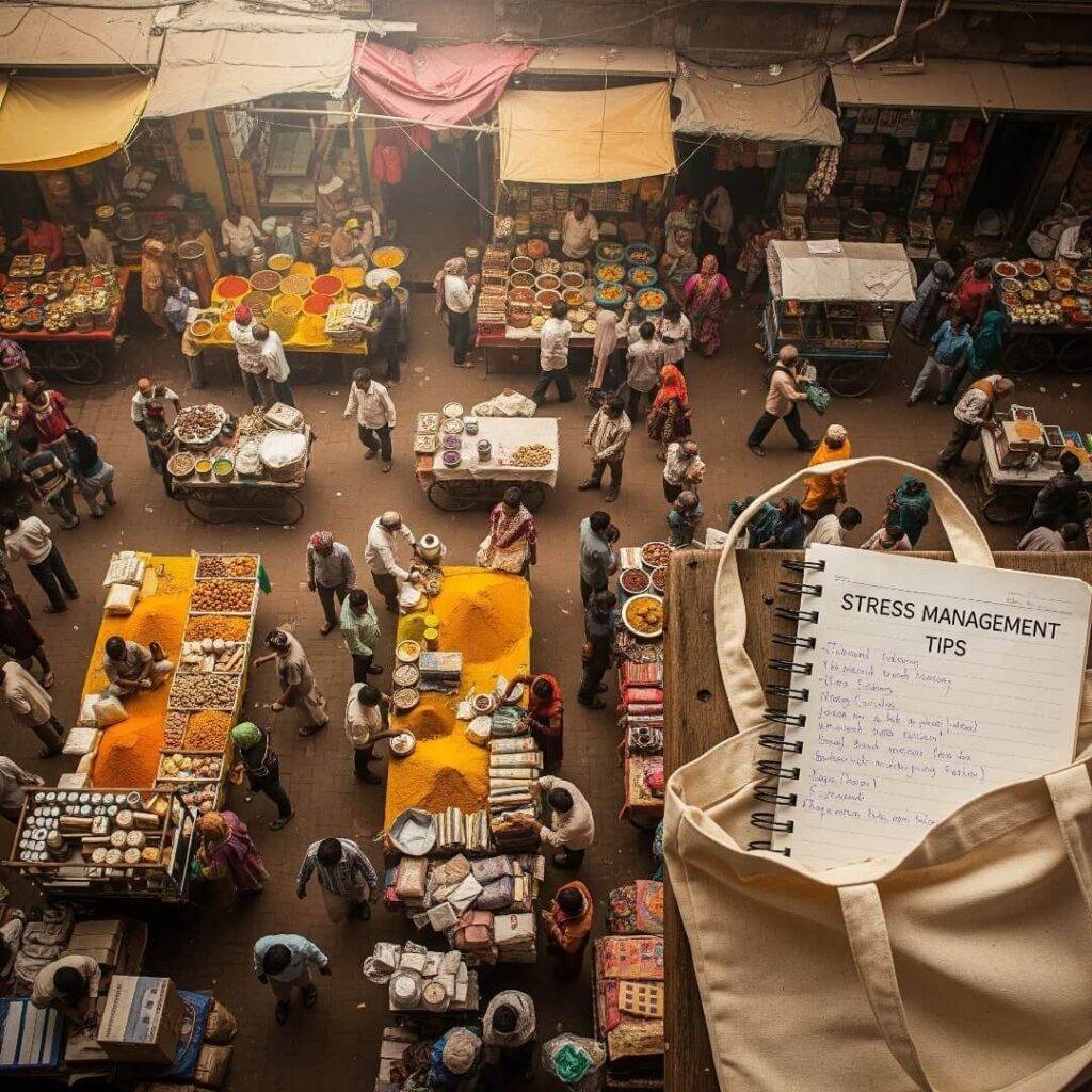 Hectic Indian market, stress tips in notebook.