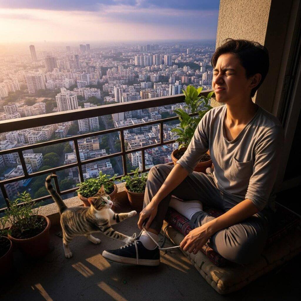Man failing at meditation on a balcony with a cat.