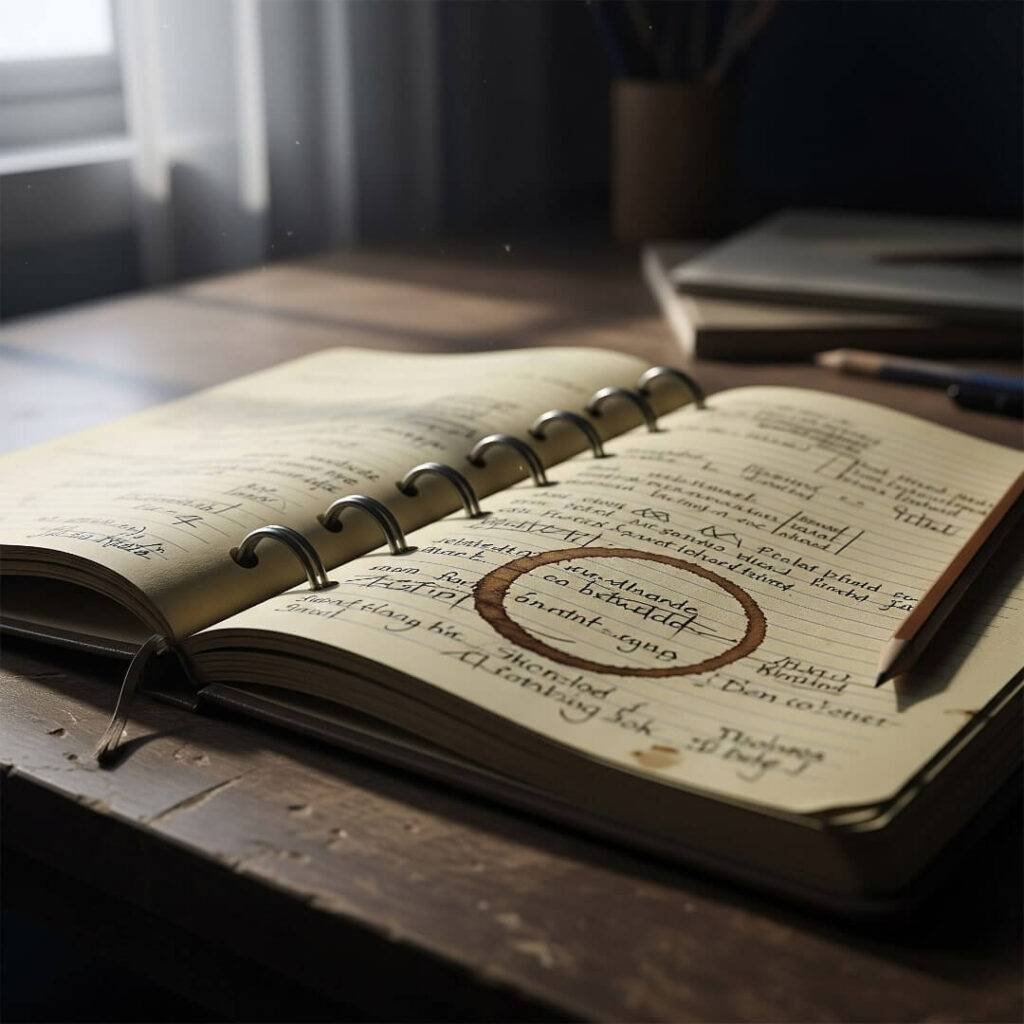 Cinematic close-up of a beat-up notebook with chai stain.