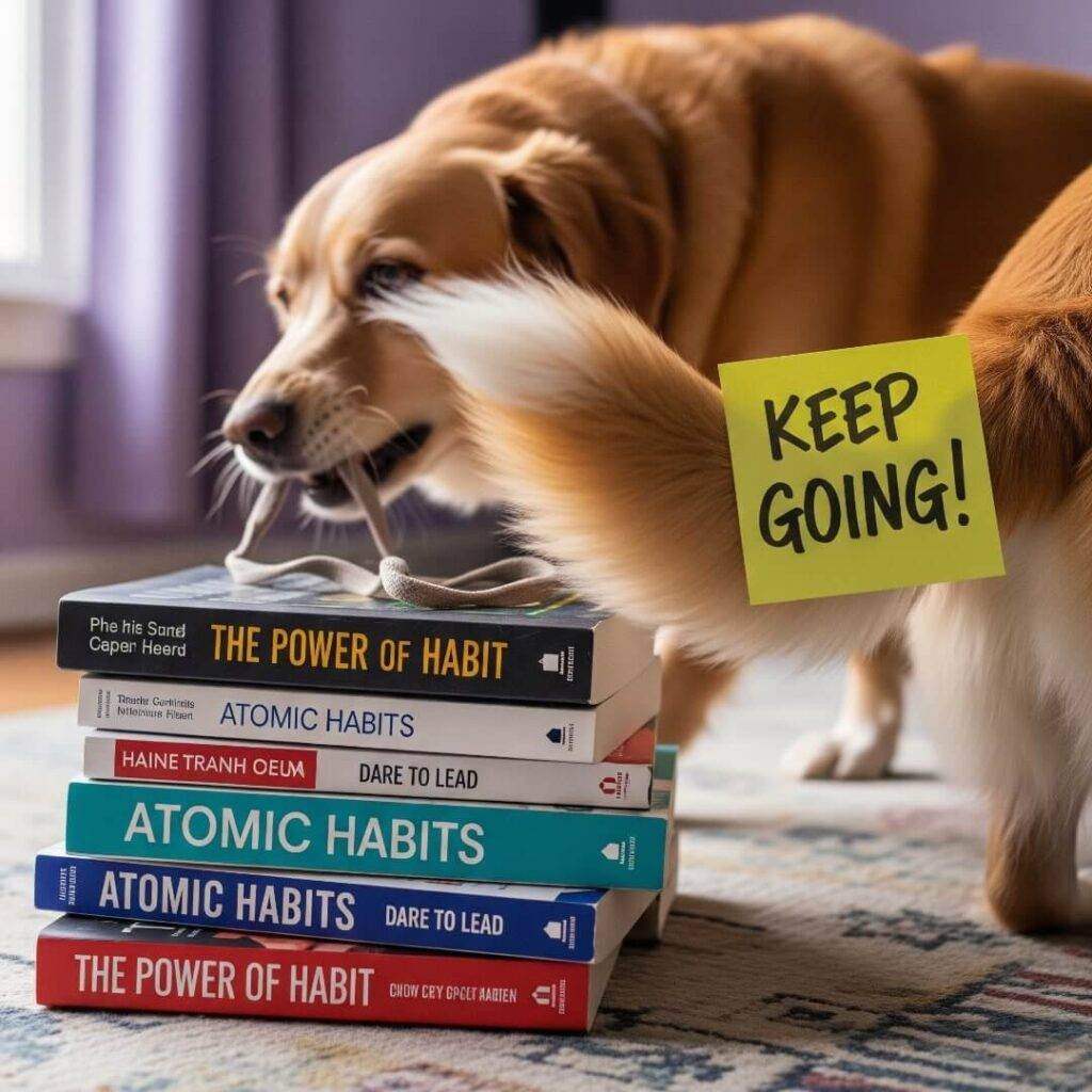 A dog chewing on a shoelace next to a stack of self-help books, with a "Keep Going!