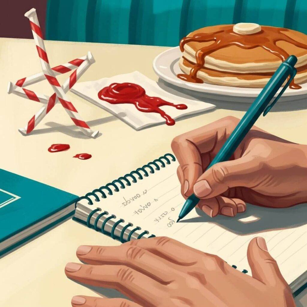 A close-up digital painting of hands writing in a notebook at a diner