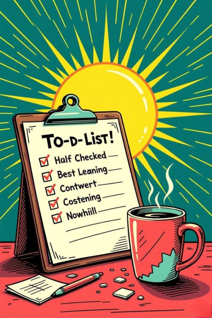 Chaotic comic-style sketch of half-checked to-do list with bright sunburst