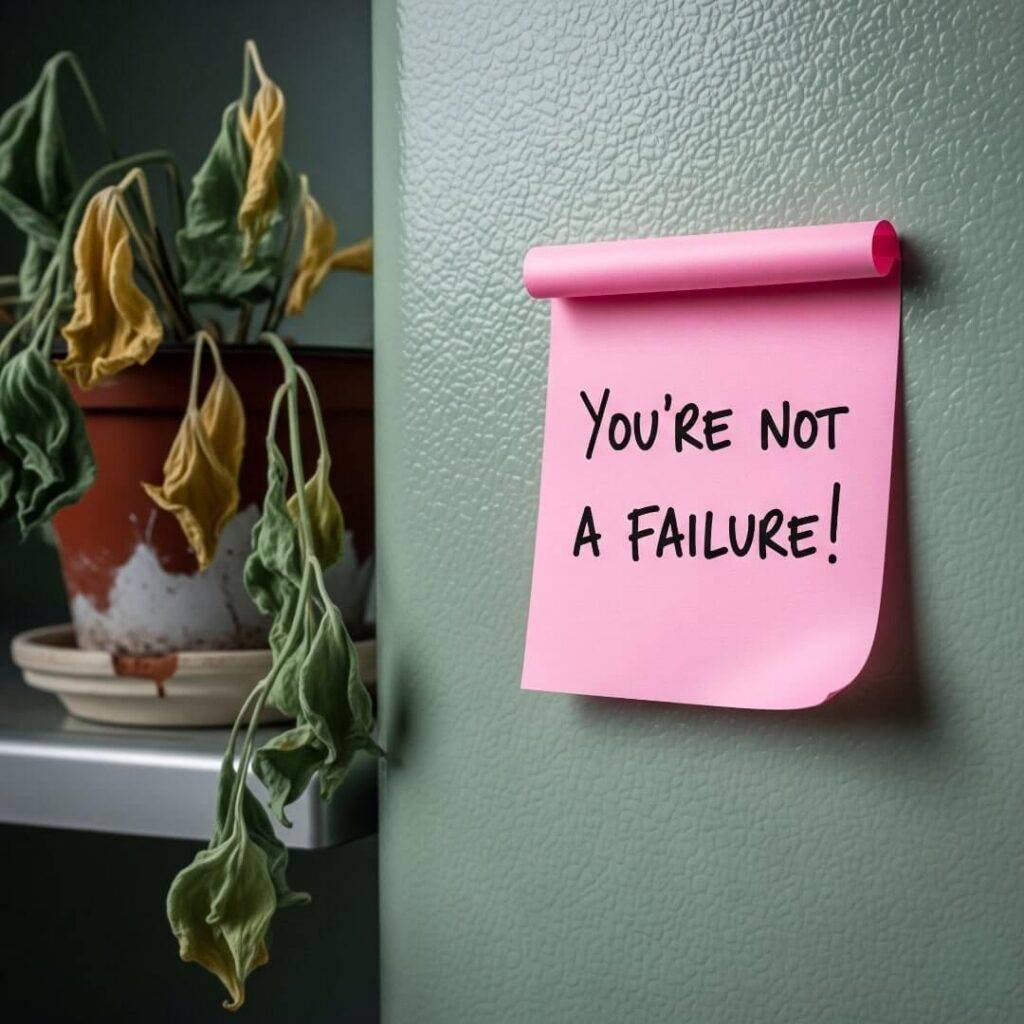 A wilting plant next to a pink sticky note on a refrigerator
