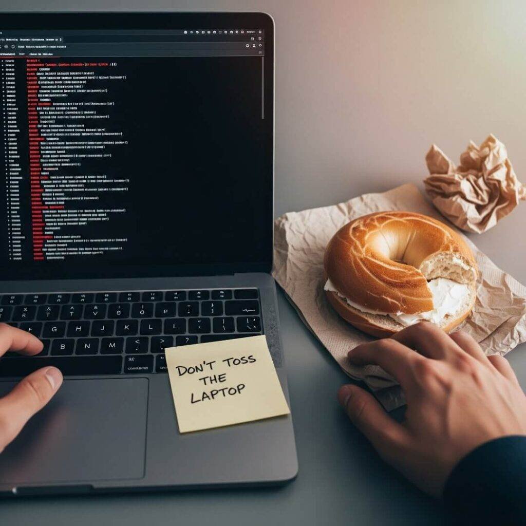 Laptop with Python error, bagel, and sticky note.