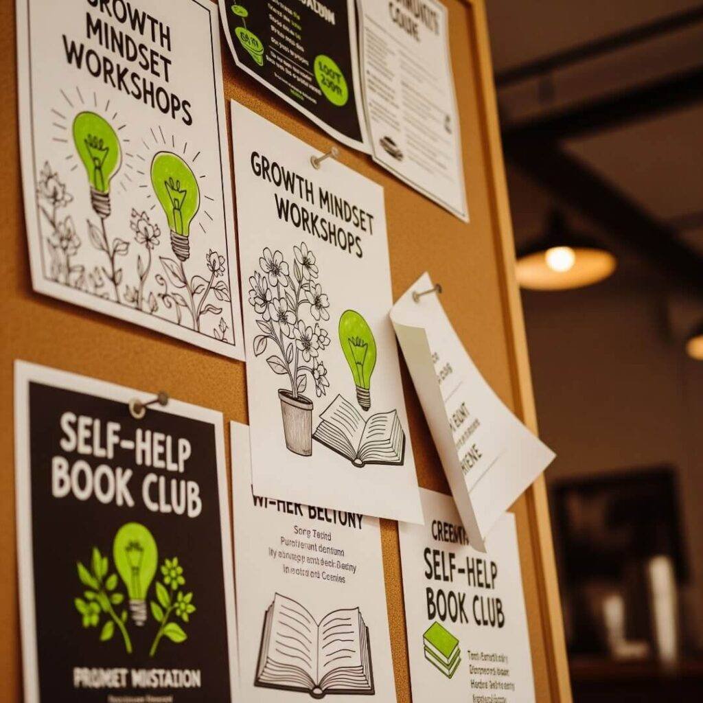 A community board in a coffee shop with flyers for "Growth Mindset Workshops