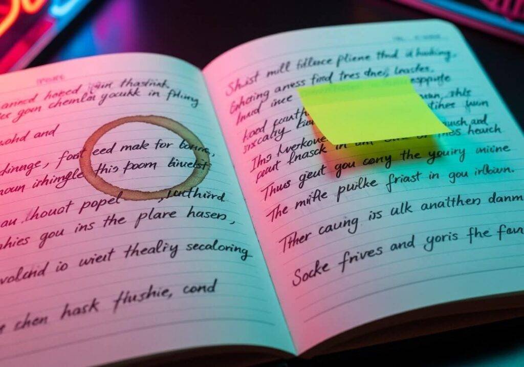 An open journal page with messy handwriting and a coffee stain.