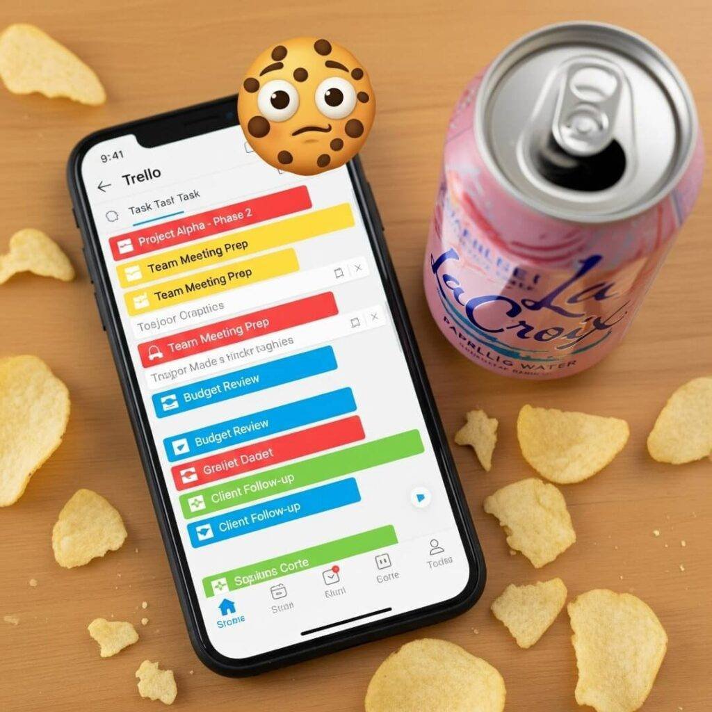 A high-res photo of a phone showing a Trello app