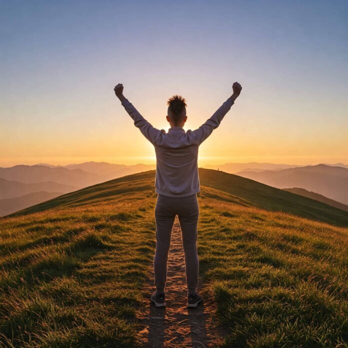 Triumphant figure on hill at sunrise.