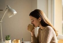The Best Morning Routine for Productivity and Peace Sunlit desk with journal, coffee, and plant.