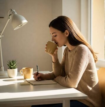 The Best Morning Routine for Productivity and Peace Sunlit desk with journal, coffee, and plant.