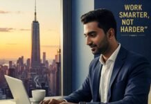 Productivity Tips from Top Entrepreneurs You Can Try Today Confident Entrepreneur at Desk with City View