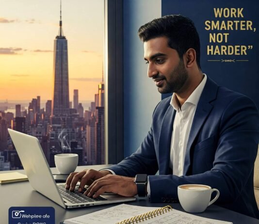 Productivity Tips from Top Entrepreneurs You Can Try Today Confident Entrepreneur at Desk with City View